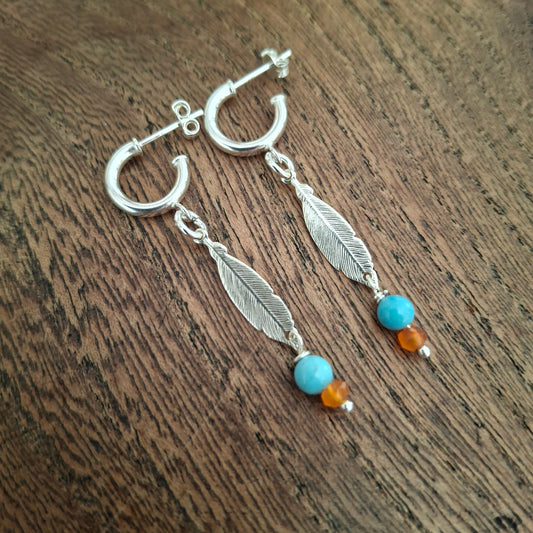 Silver Feather Earrings with Howlite and Carnelian Gemstone Beads