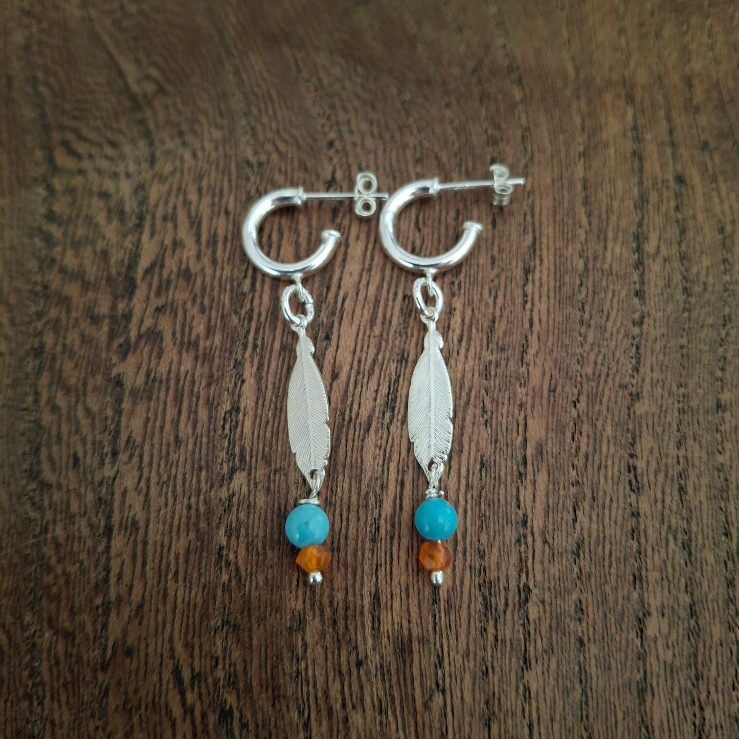 Silver Feather Earrings with Howlite and Carnelian Gemstone Beads