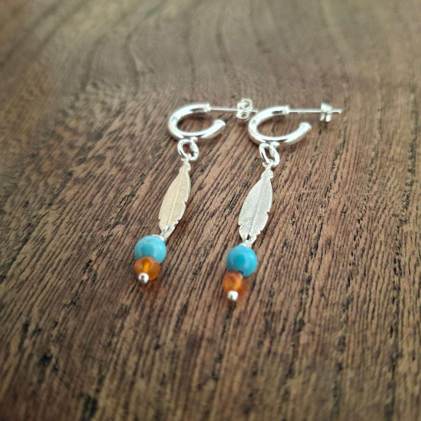 Silver Feather Earrings with Howlite and Carnelian Gemstone Beads