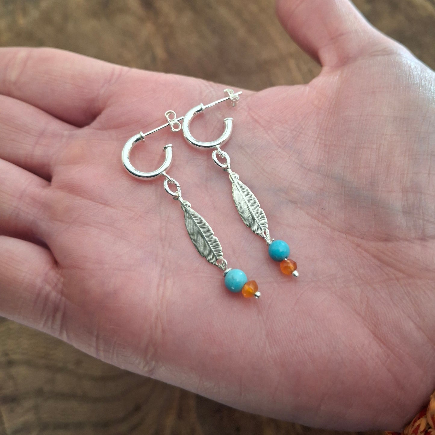 Silver Feather Earrings with Howlite and Carnelian Gemstone Beads