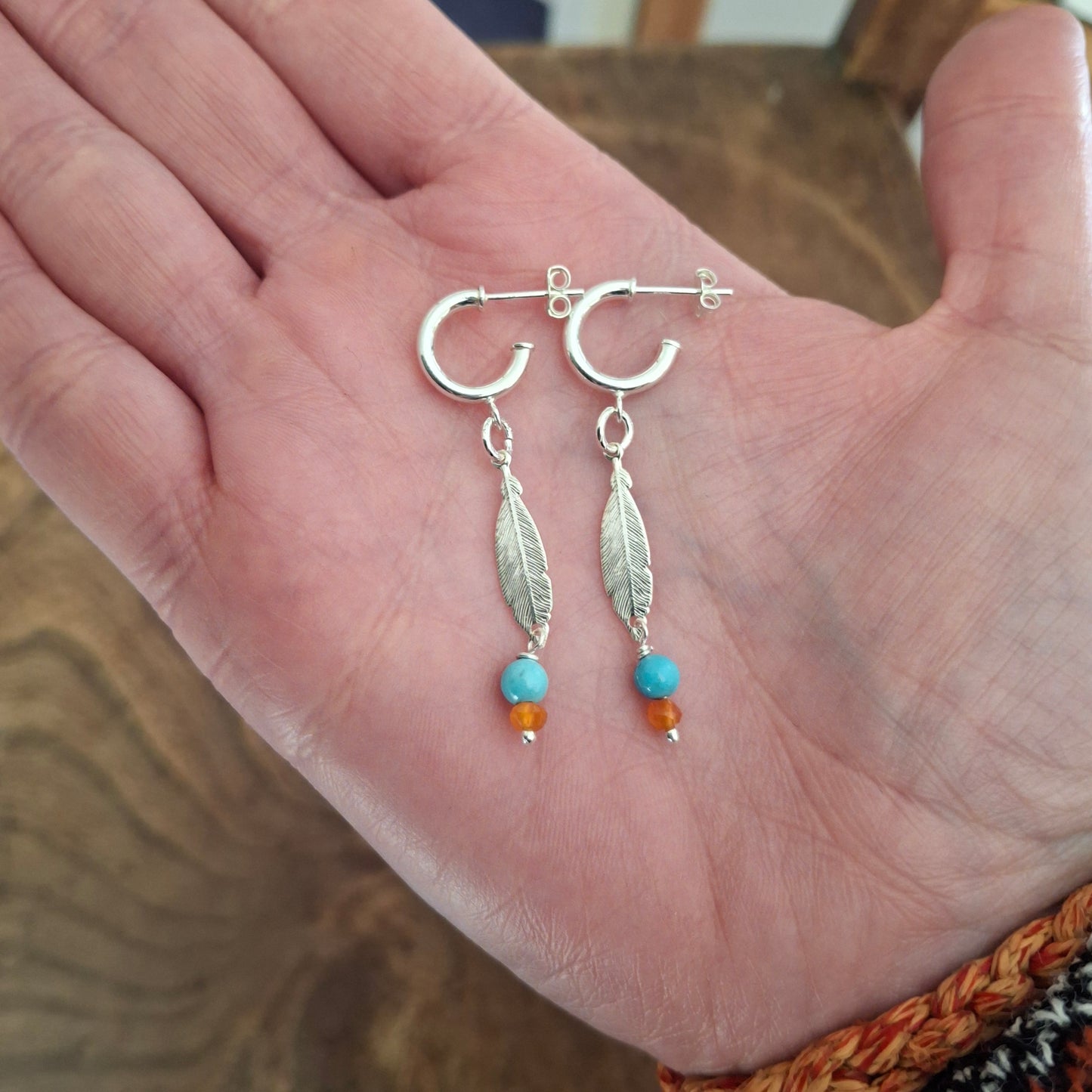 Silver Feather Earrings with Howlite and Carnelian Gemstone Beads
