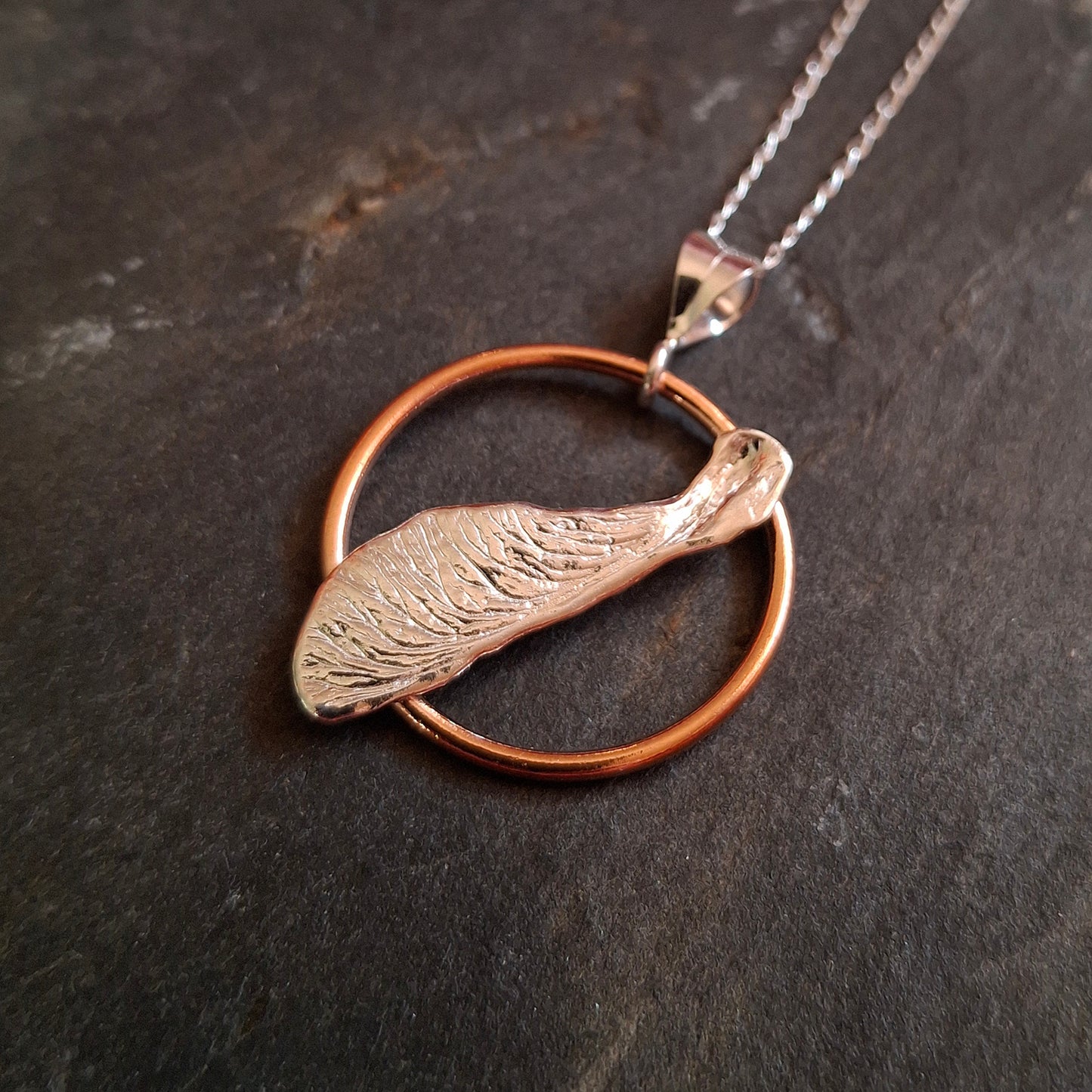 Handmade Real Sycamore Seed Silver and Copper Necklace