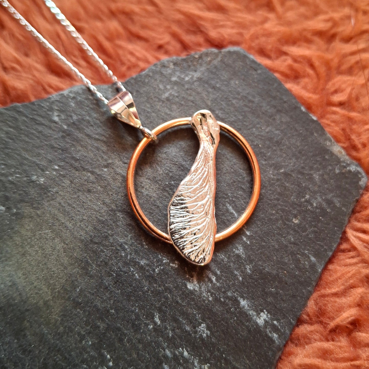 Handmade Real Sycamore Seed Silver and Copper Necklace
