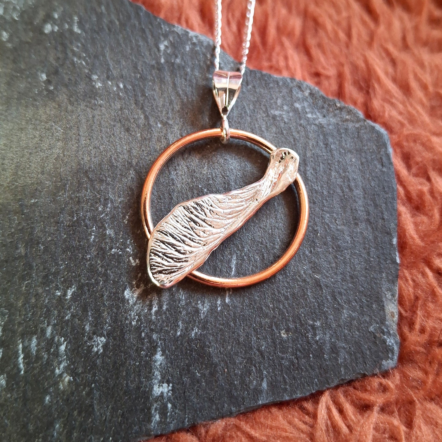 Handmade Real Sycamore Seed Silver and Copper Necklace