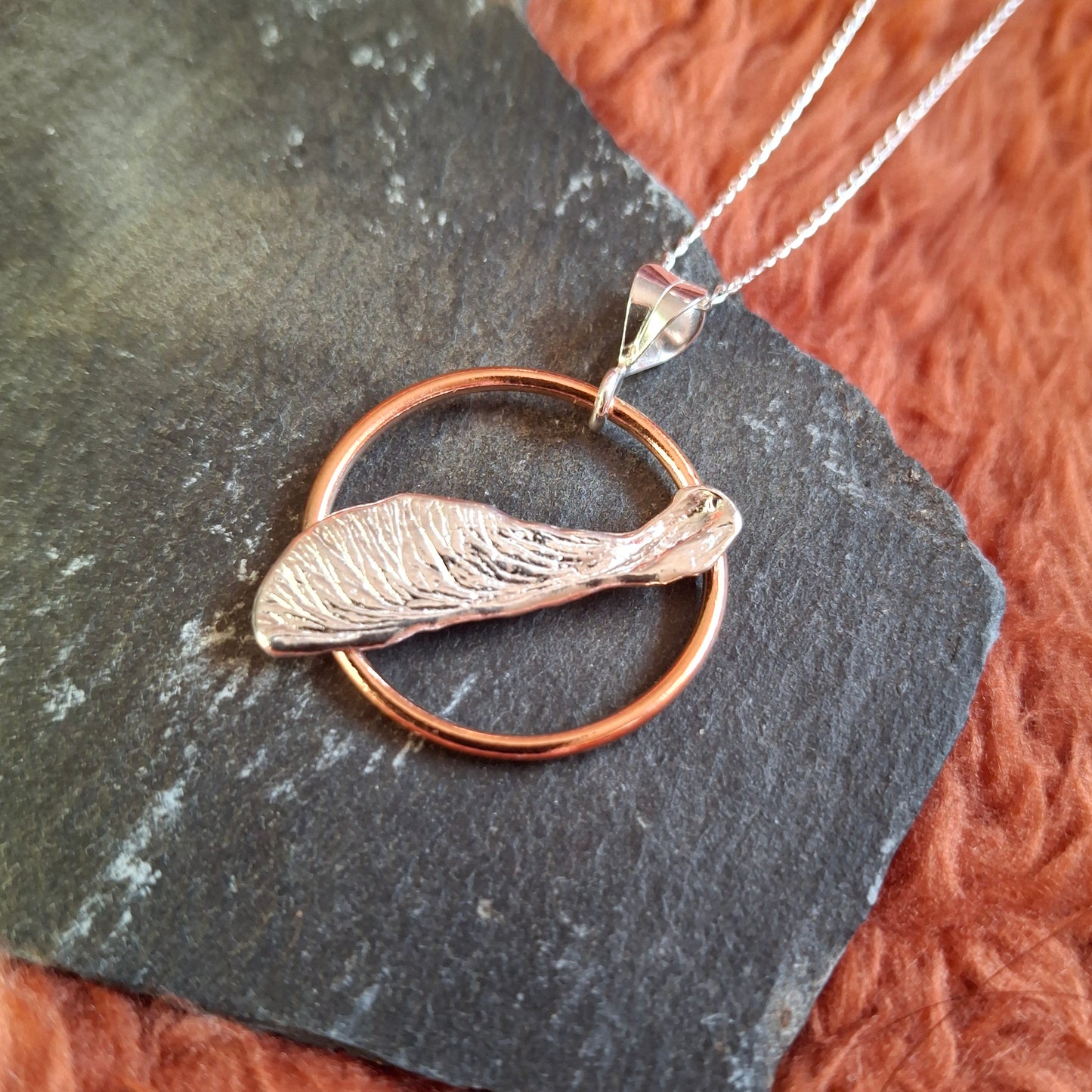 Handmade Real Sycamore Seed Silver and Copper Necklace