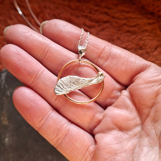 Handmade Real Sycamore Seed Silver and Copper Necklace