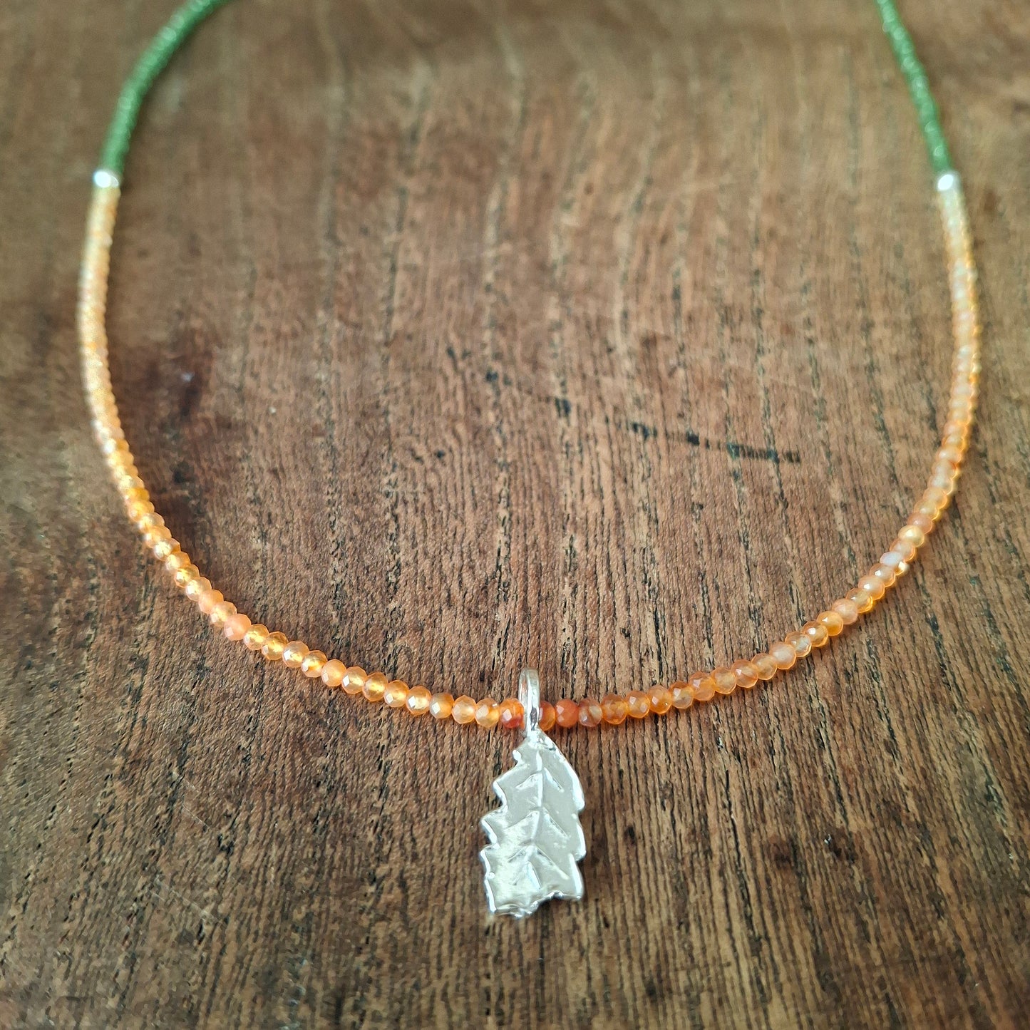 Oak Leaf Silver Necklace with Carnelian and Glass Beads