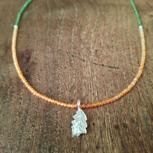 Oak Leaf Silver Necklace with Carnelian and Glass Beads