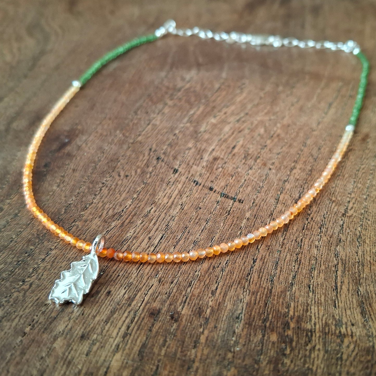 Oak Leaf Silver Necklace with Carnelian and Glass Beads