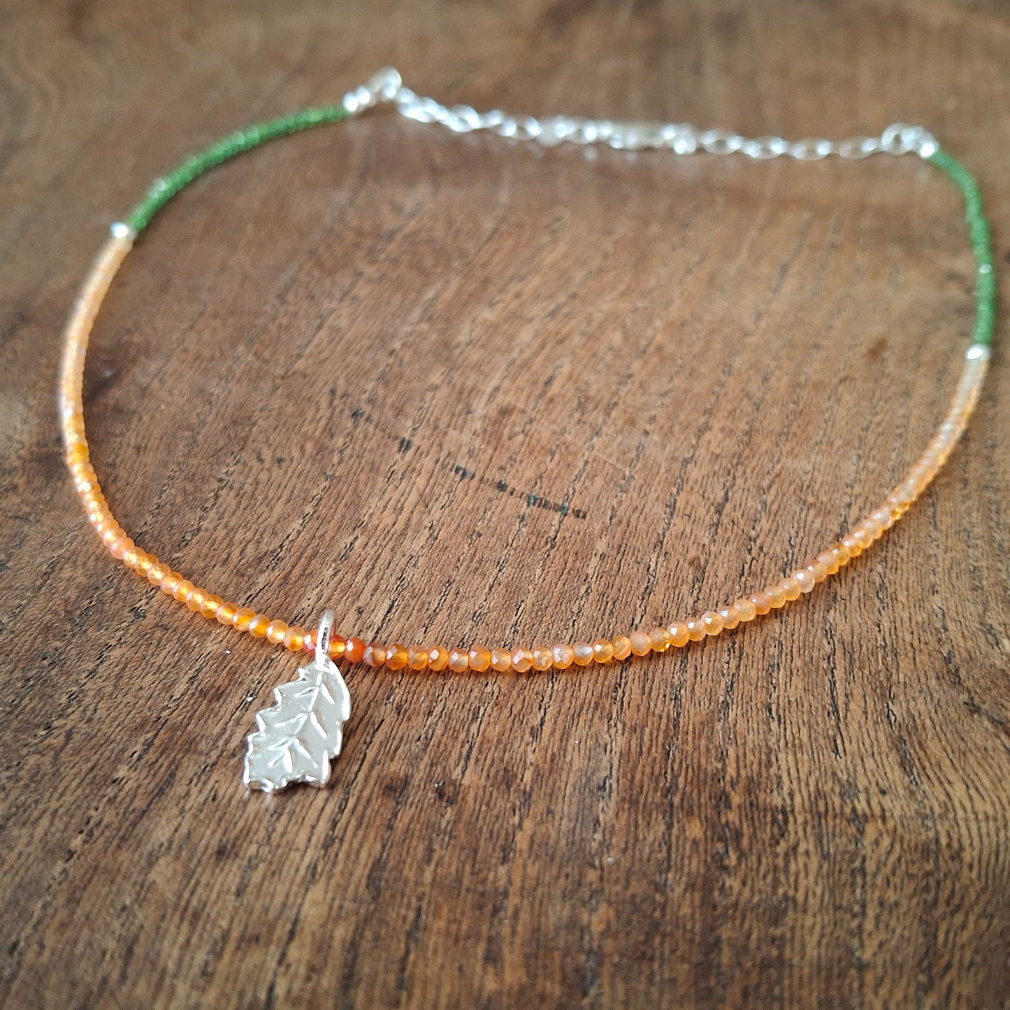 Oak Leaf Silver Necklace with Carnelian and Glass Beads
