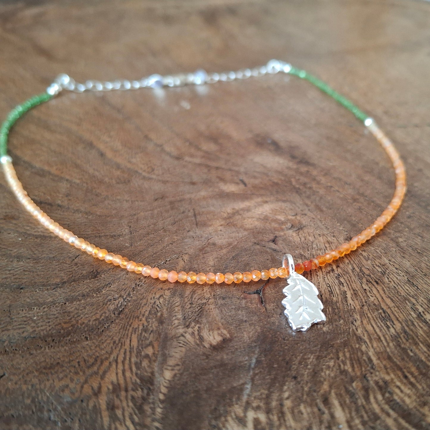 Oak Leaf Silver Necklace with Carnelian and Glass Beads