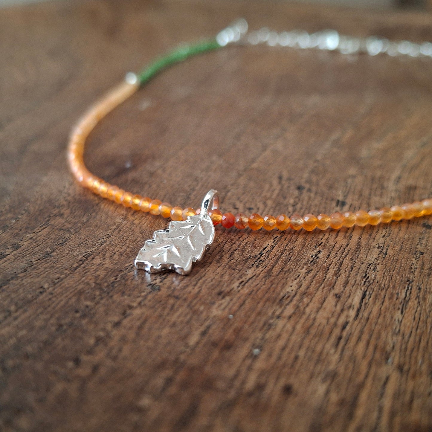 Oak Leaf Silver Necklace with Carnelian and Glass Beads
