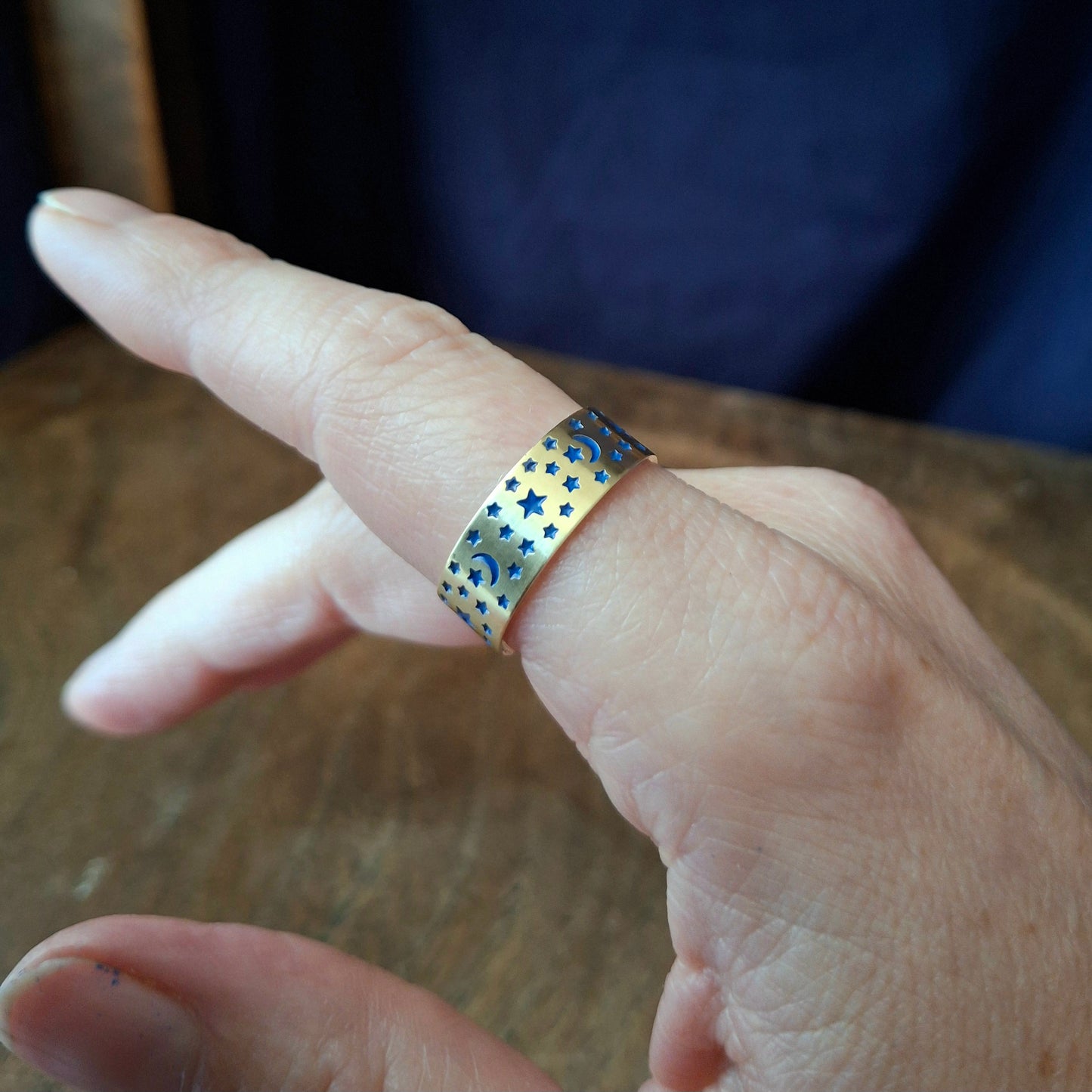 Celestial Night Sky Ring, Gold and Blue, choose your size