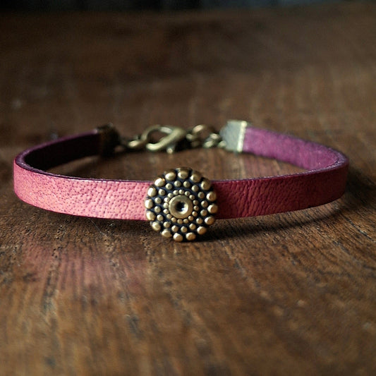 Plum Coloured Leather Bracelet with Antique Gold Mandala Charm