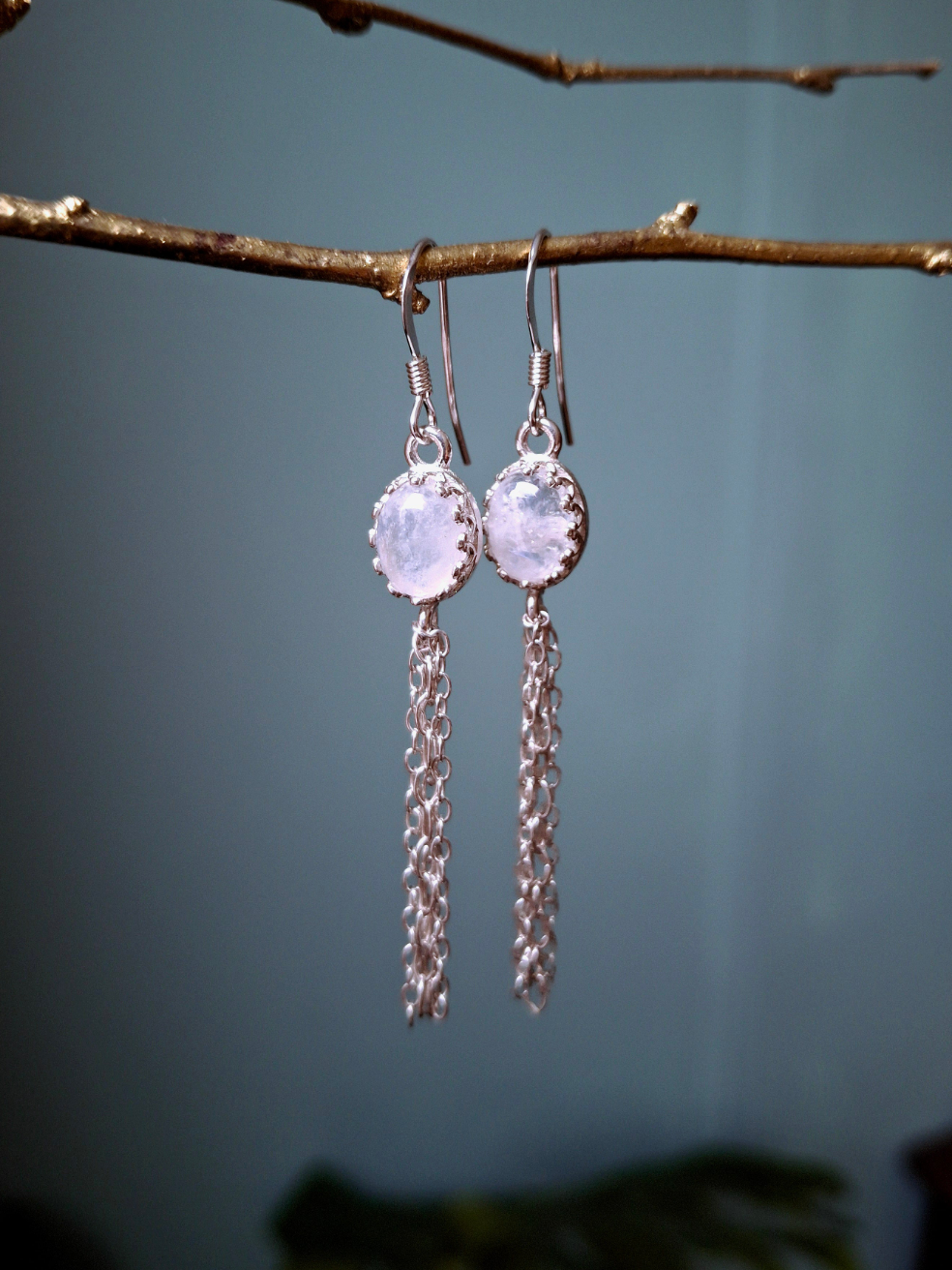 Moonstone Silver Tassel Ear Dangles, Boho Earrings