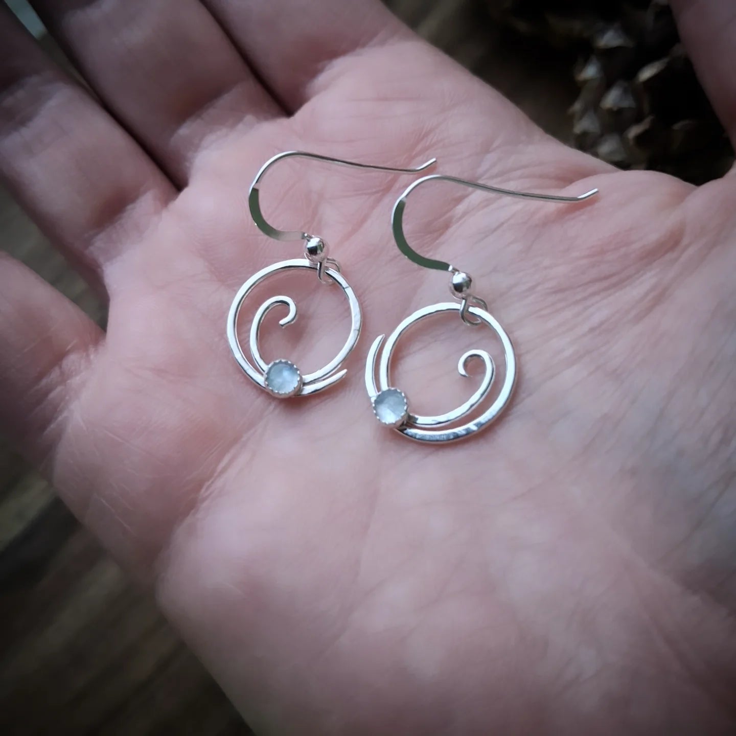 Handmade Winter Ocean Wave Silver Earrings with Aquamarine