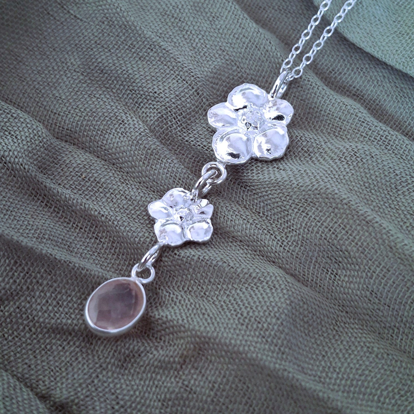 Handmade Rose Quartz Hibiscus Flower Silver Drop Necklace