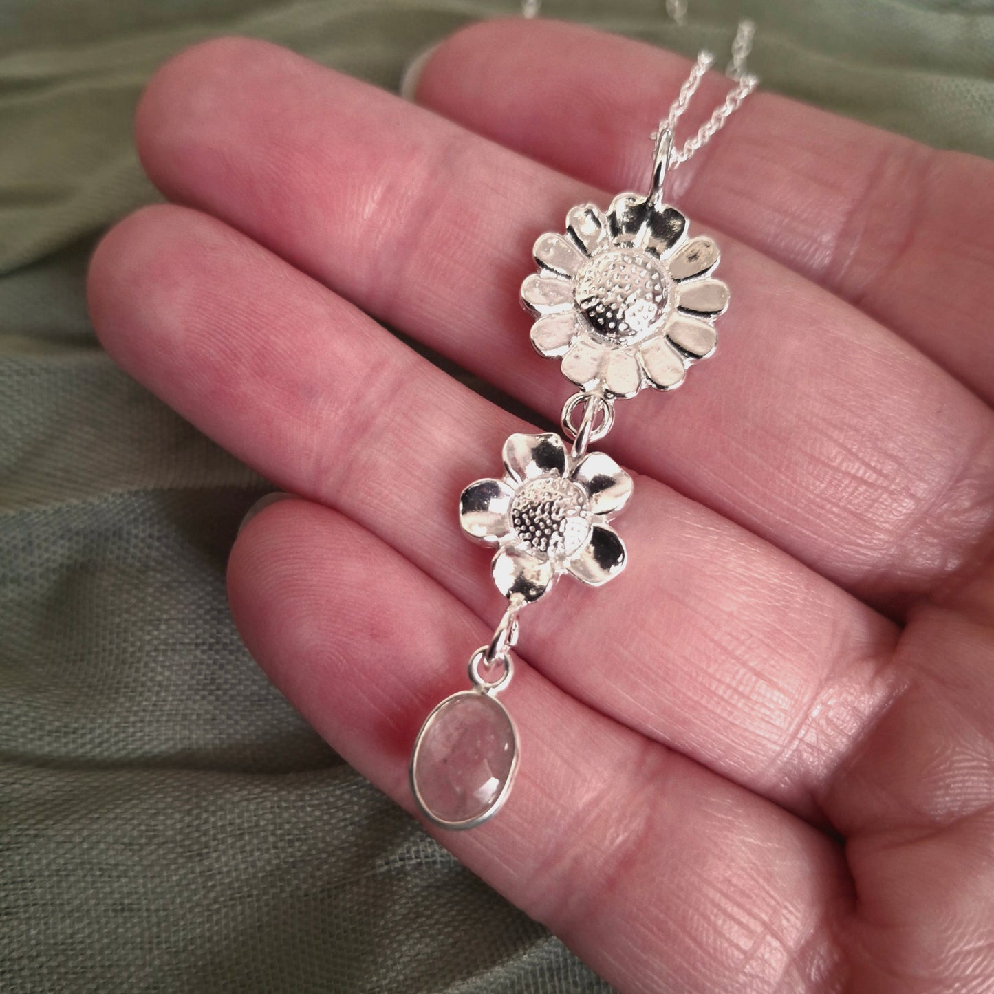Handmade Rose Quartz Summer Flower Silver Drop Necklace