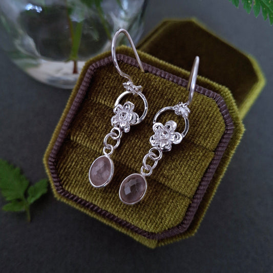 Handmade Forget Me Not Silver Earrings with Rose Quartz