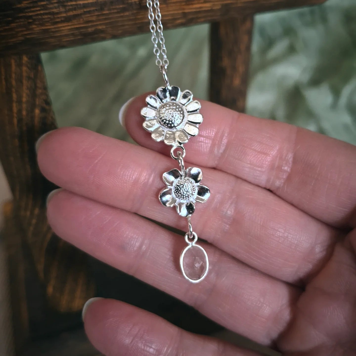 Handmade Rose Quartz Summer Flower Silver Drop Necklace