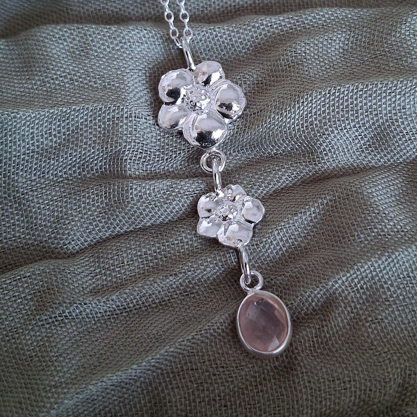 Handmade Rose Quartz Hibiscus Flower Silver Drop Necklace
