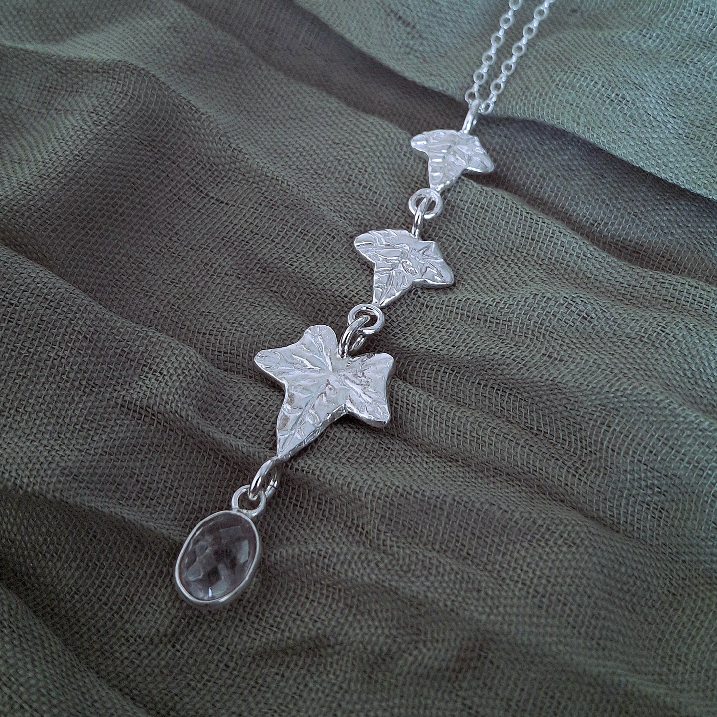 Handmade Ivy Leaves and Prehnite Silver Drop Necklace
