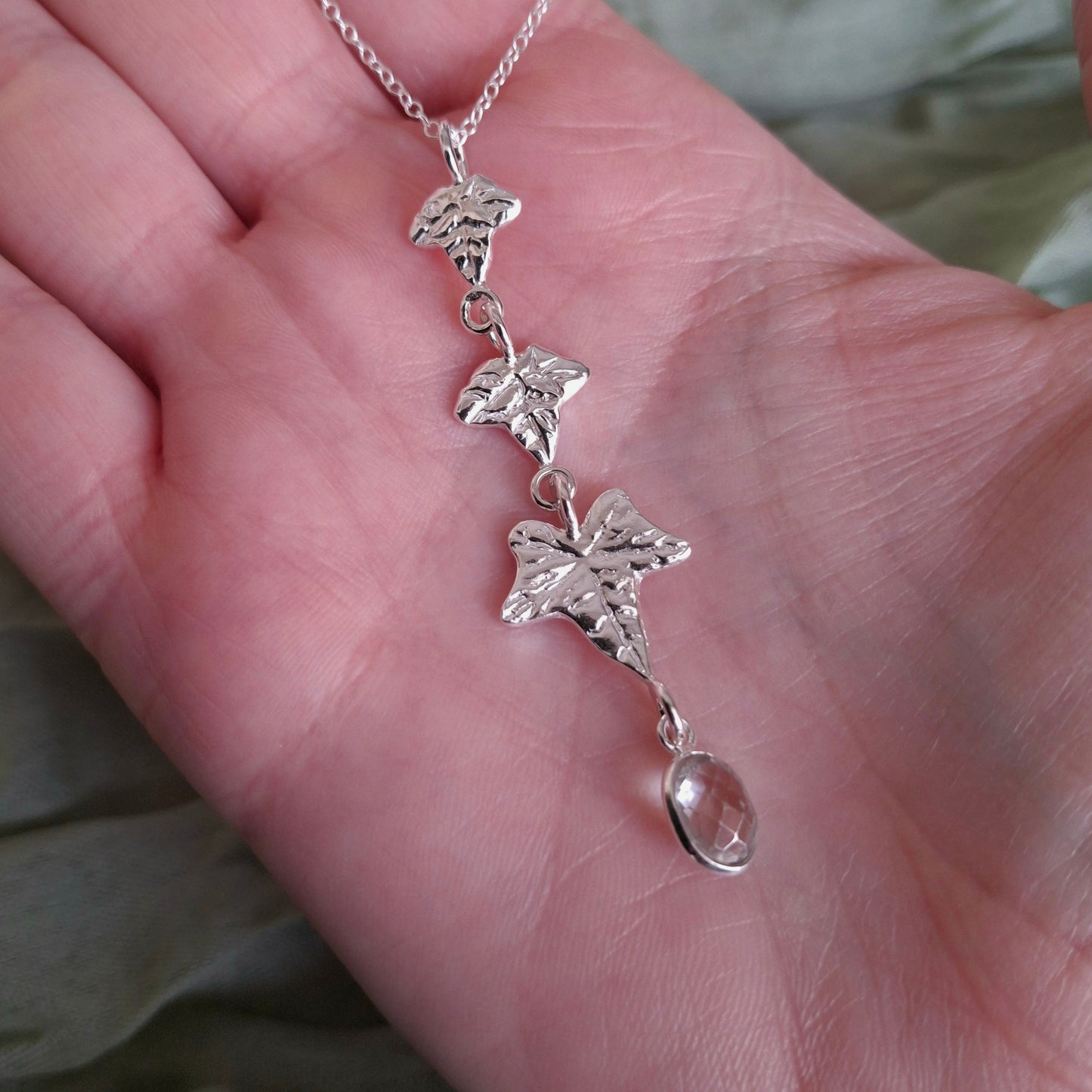 Handmade Ivy Leaves and Prehnite Silver Drop Necklace