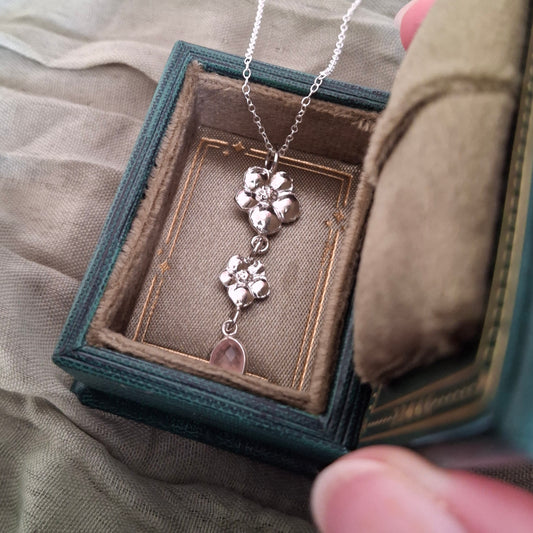 Handmade Rose Quartz Hibiscus Flower Silver Drop Necklace