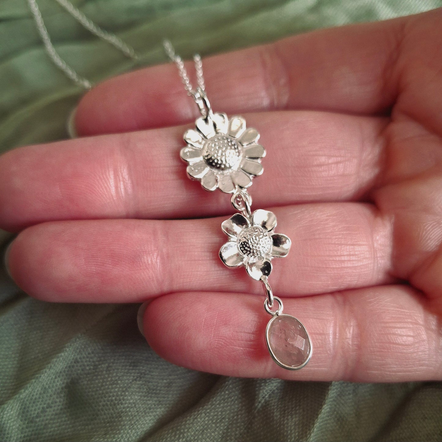 Handmade Rose Quartz Summer Flower Silver Drop Necklace