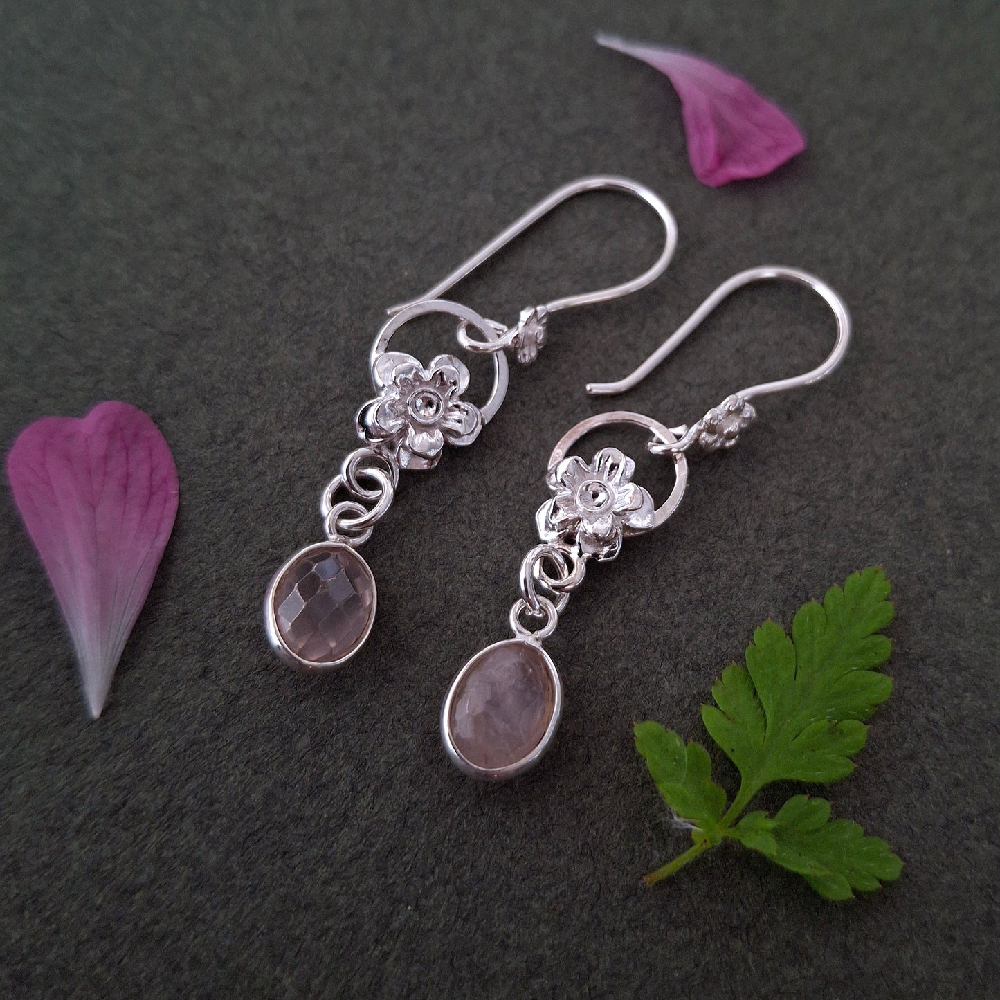 Handmade Forget Me Not Silver Earrings with Rose Quartz