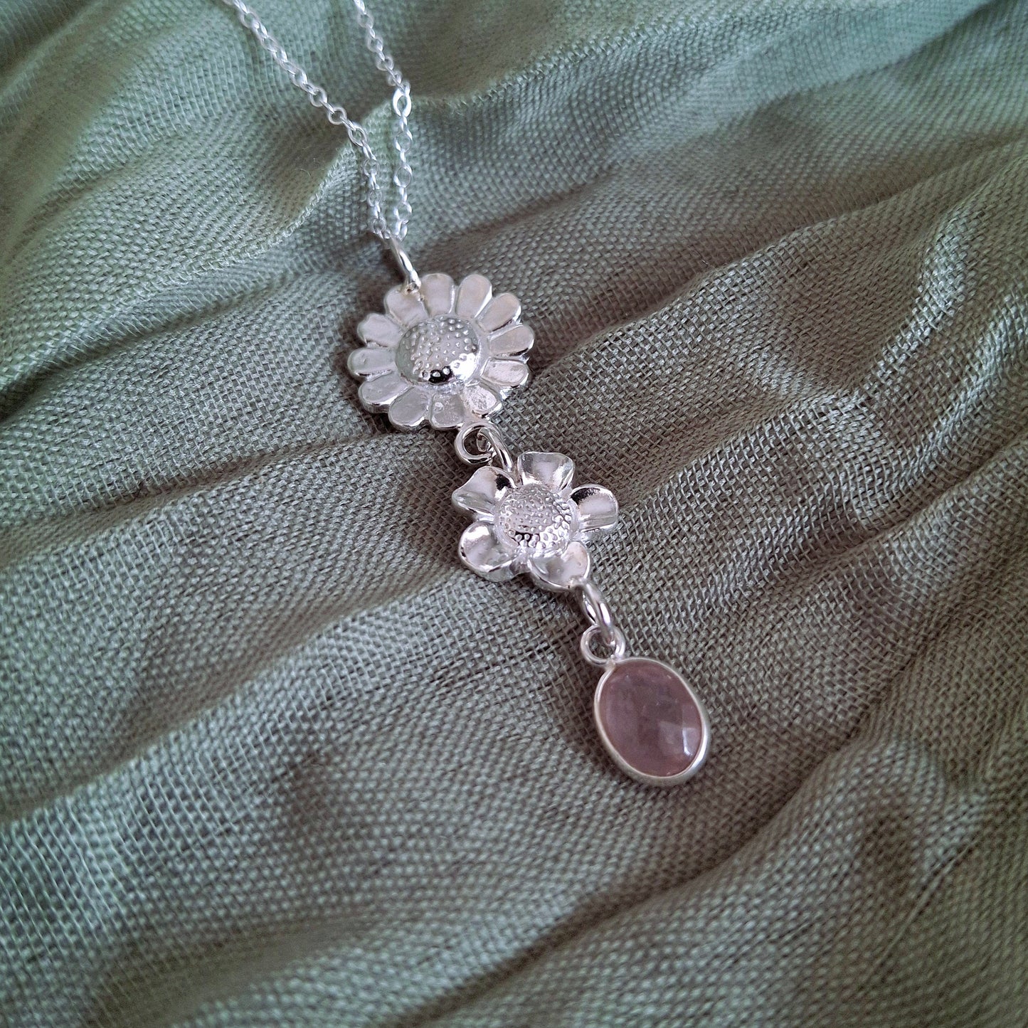 Handmade Rose Quartz Summer Flower Silver Drop Necklace