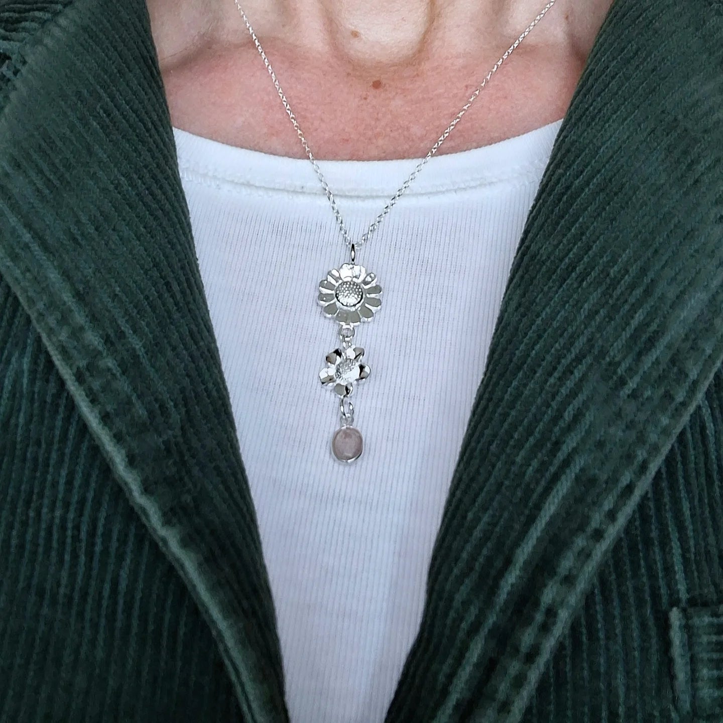 Handmade Rose Quartz Summer Flower Silver Drop Necklace