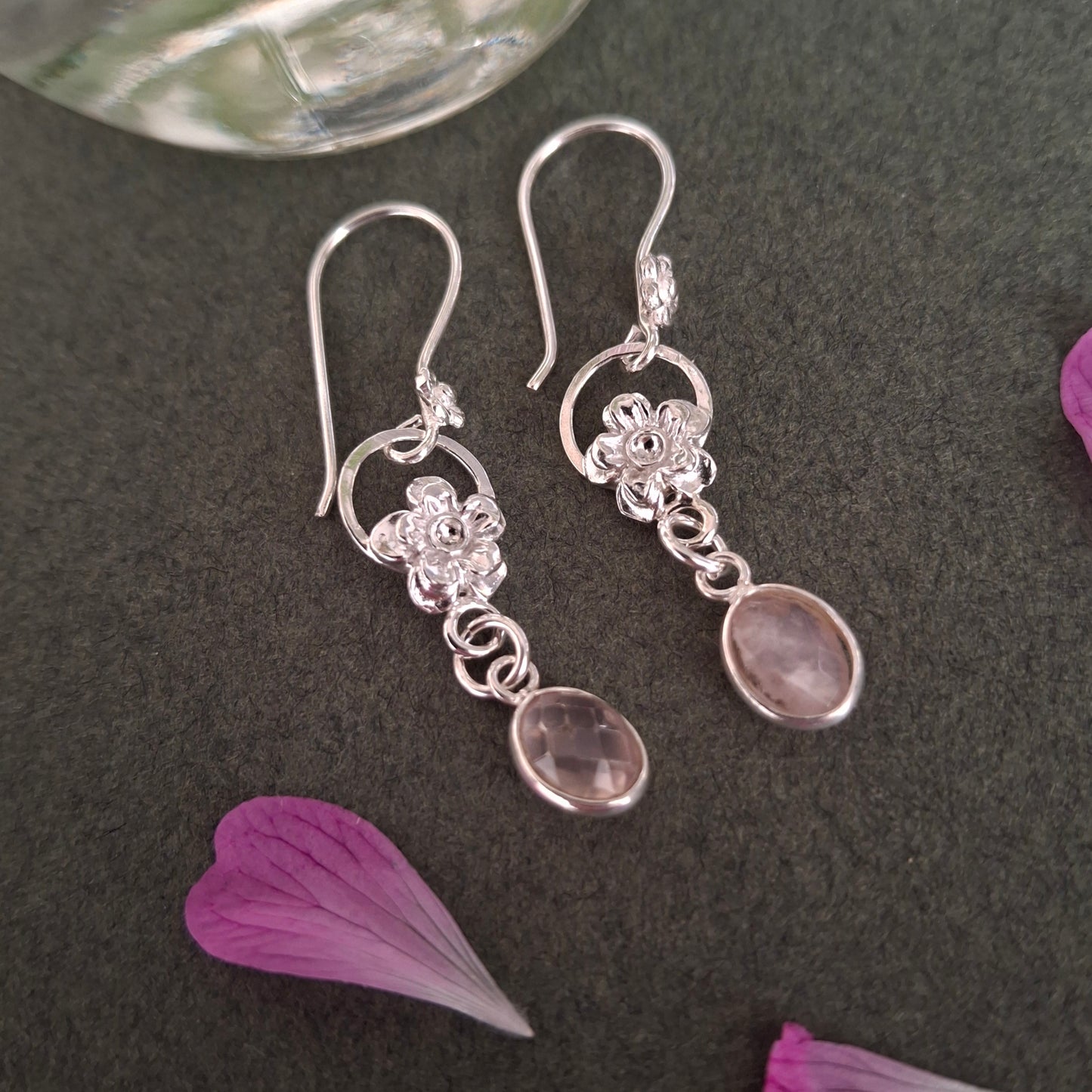 Handmade Forget Me Not Silver Earrings with Rose Quartz