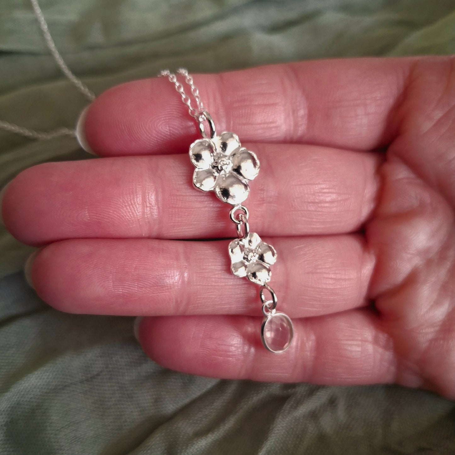 Handmade Rose Quartz Hibiscus Flower Silver Drop Necklace