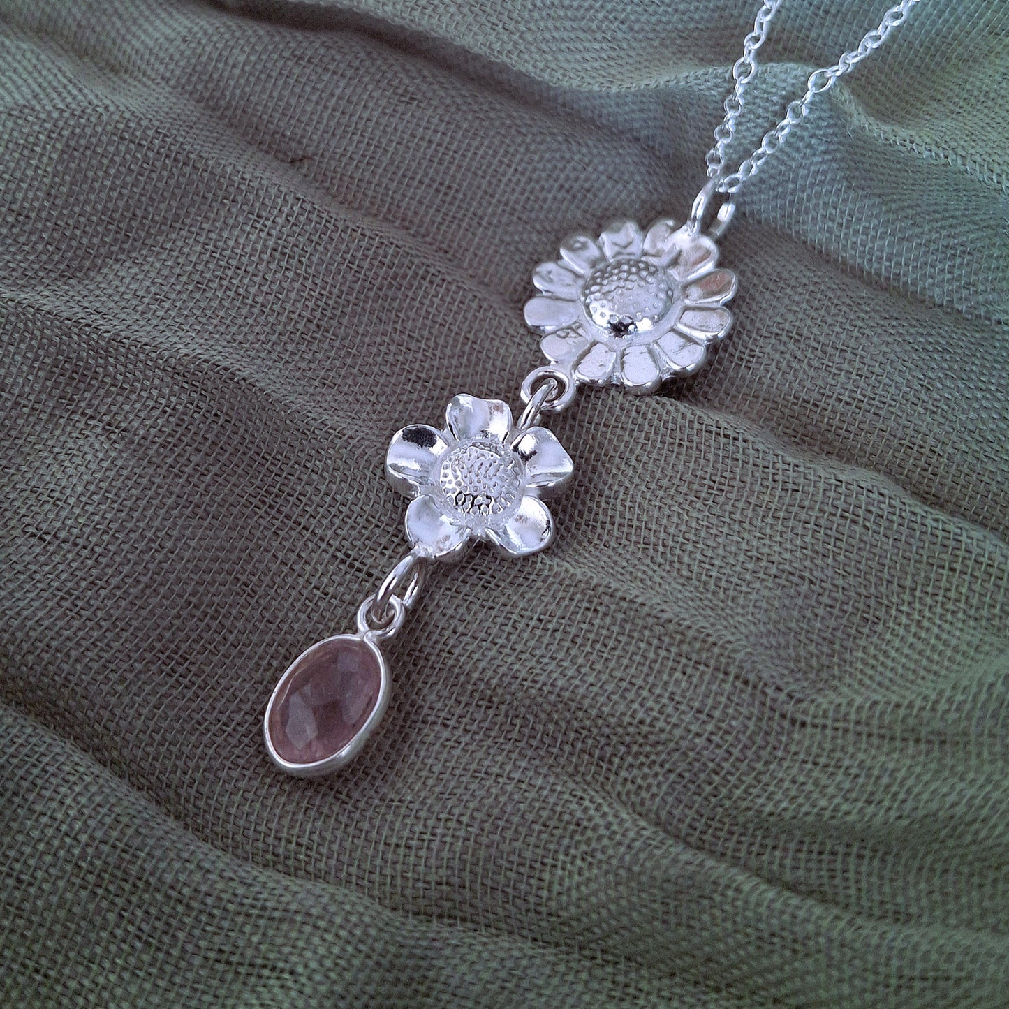 Handmade Rose Quartz Summer Flower Silver Drop Necklace