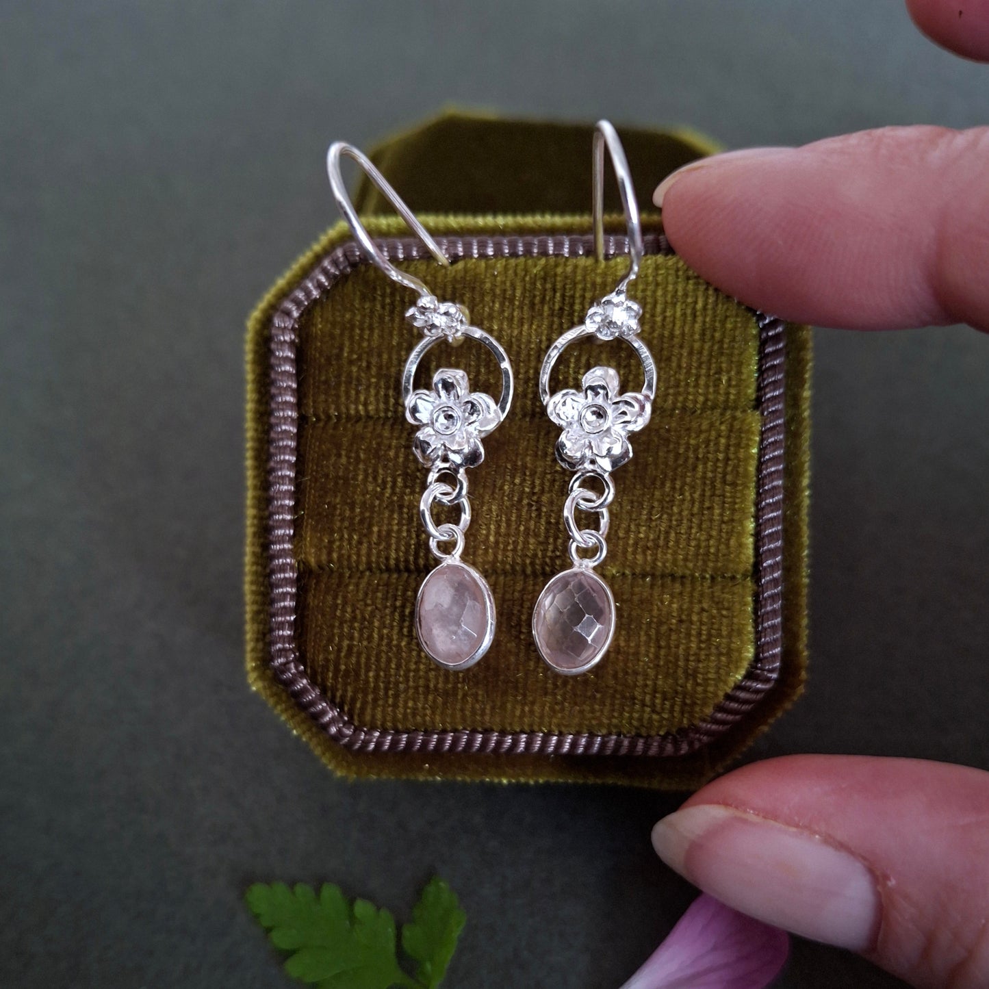Handmade Forget Me Not Silver Earrings with Rose Quartz