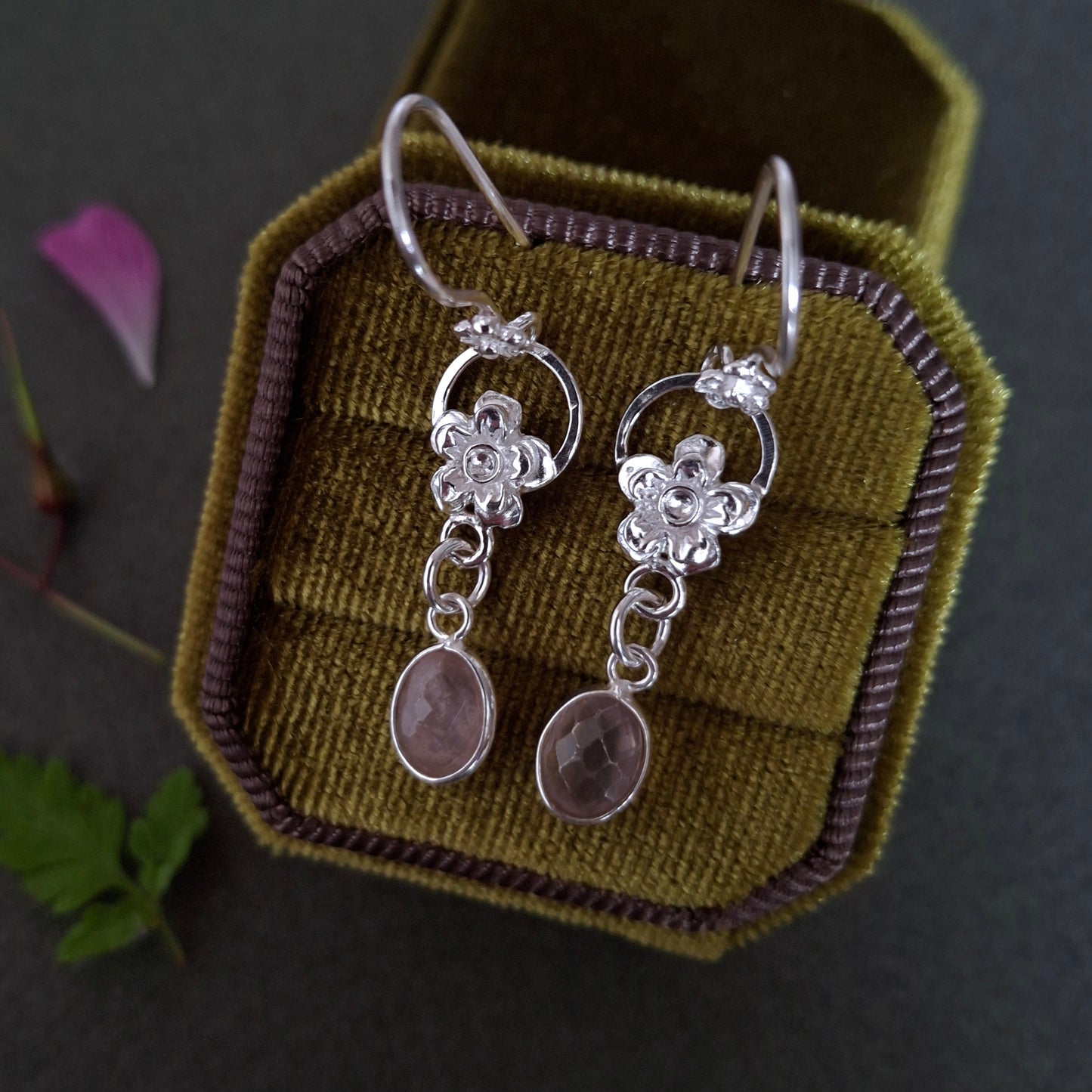Handmade Forget Me Not Silver Earrings with Rose Quartz
