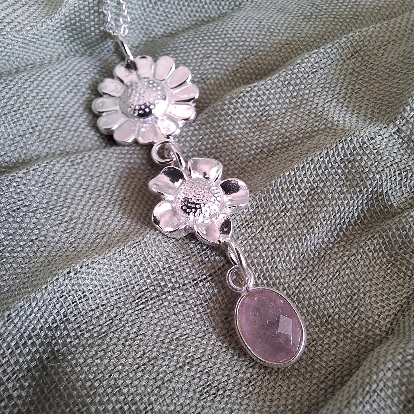 Handmade Rose Quartz Summer Flower Silver Drop Necklace