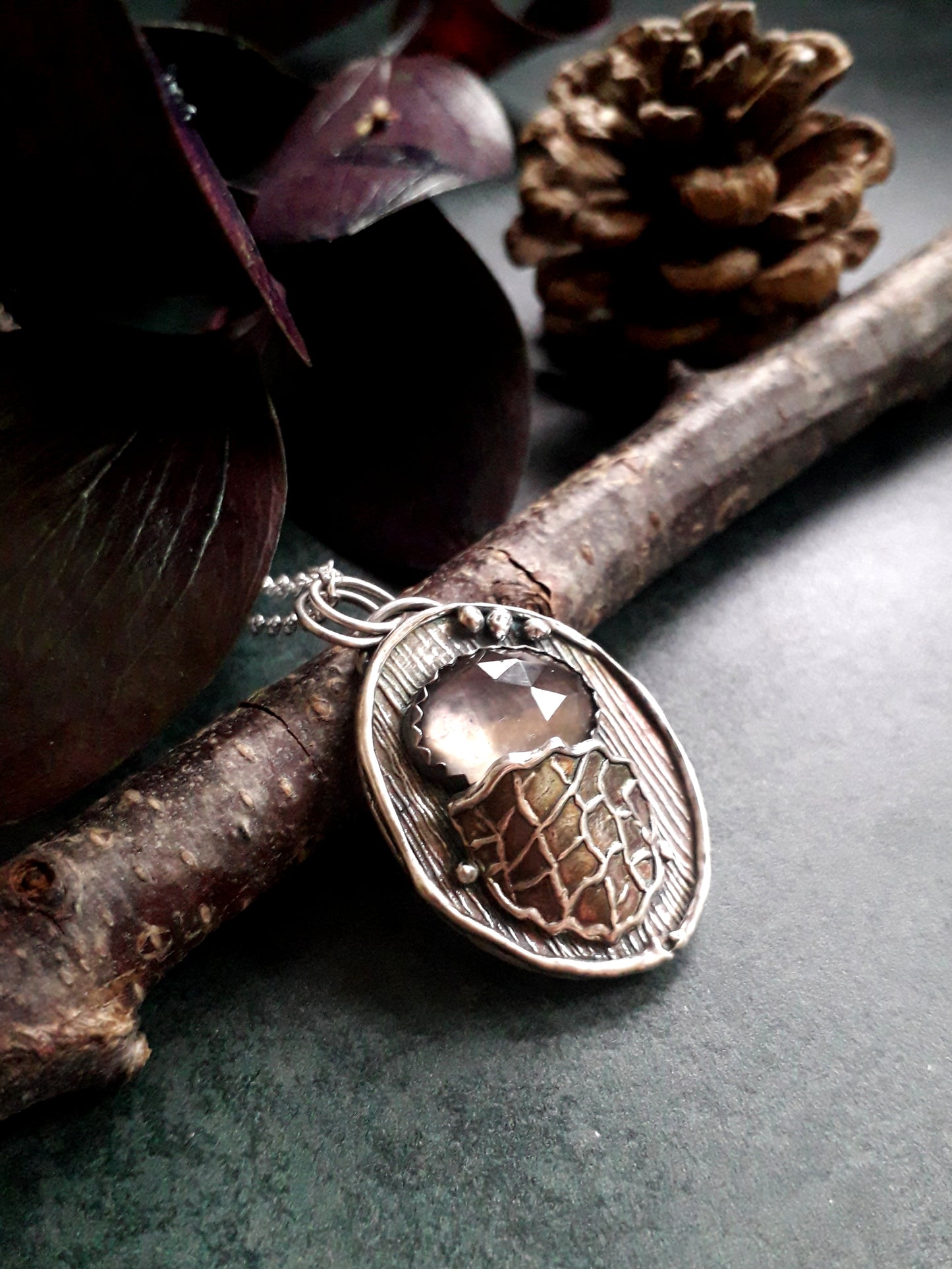 Pinecone Pendant with Fluorite, Forest Fairy, Woodland, Autumn - Irmy Creations