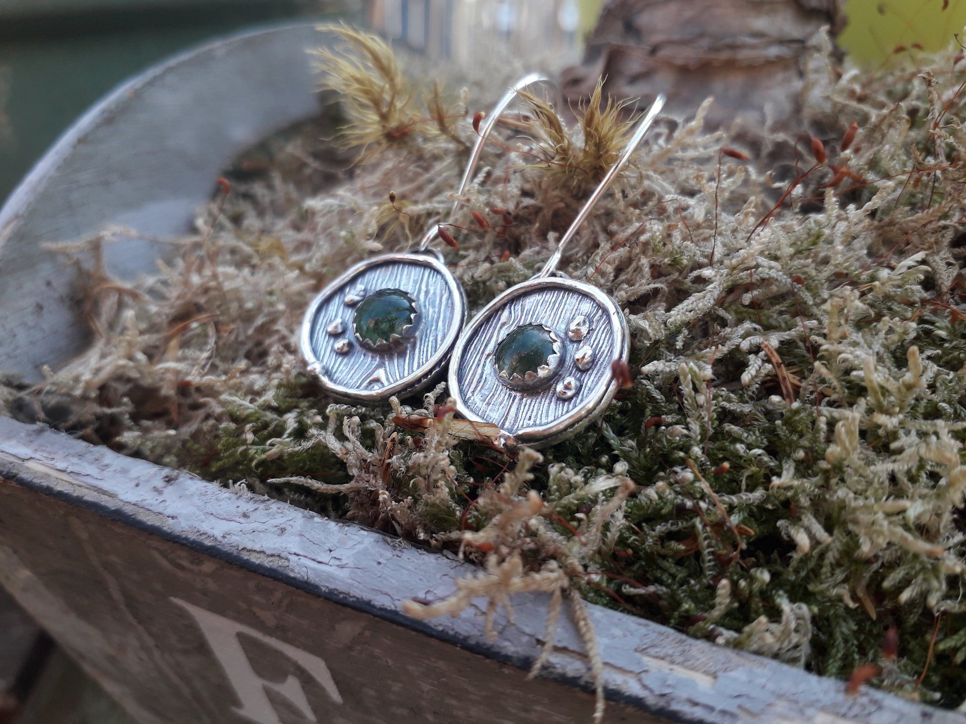 Round Moss Agate Wood Texture Earrings, Woodland - Irmy Creations