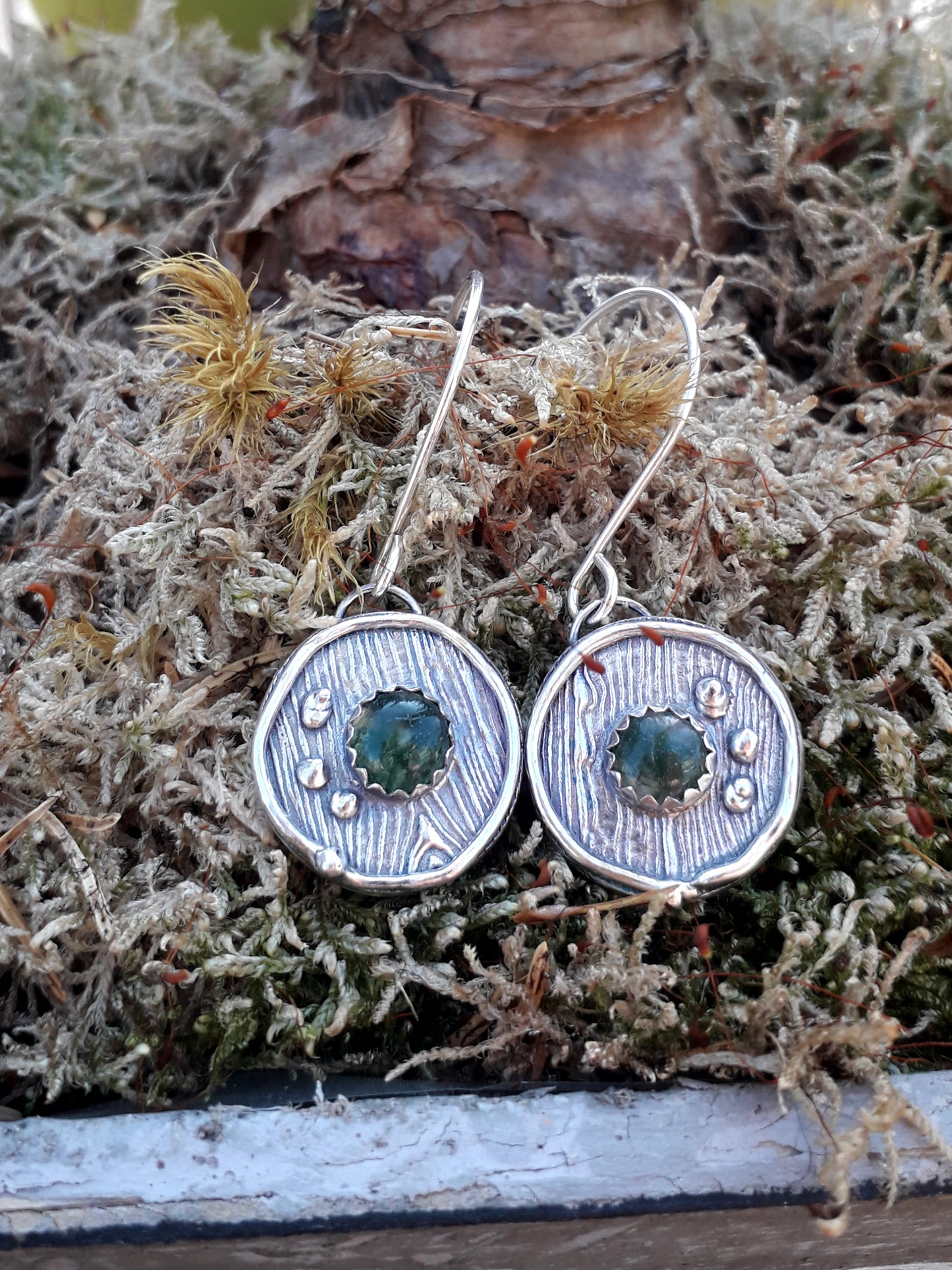 Round Moss Agate Wood Texture Earrings, Woodland - Irmy Creations