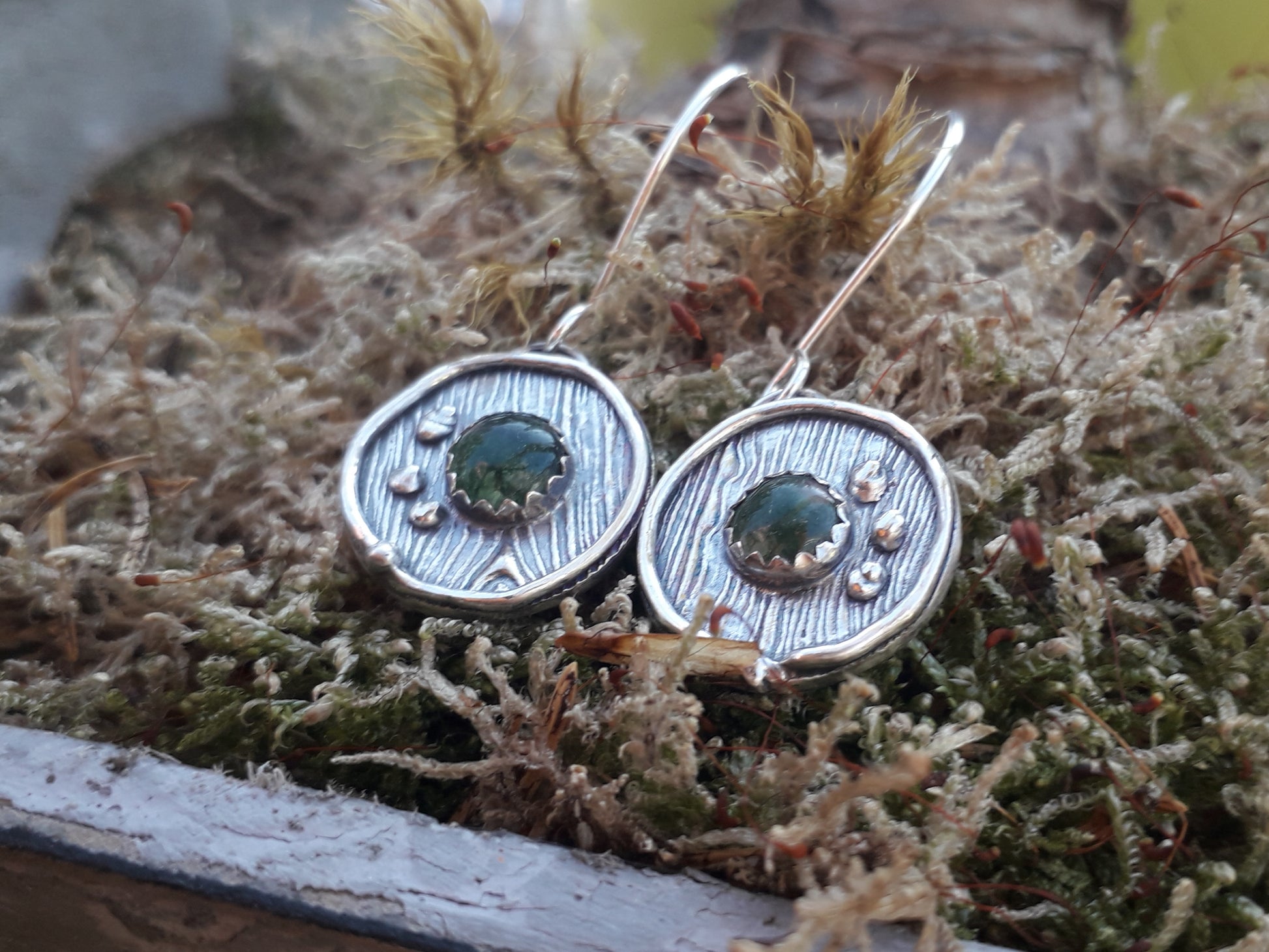 Round Moss Agate Wood Texture Earrings, Woodland - Irmy Creations