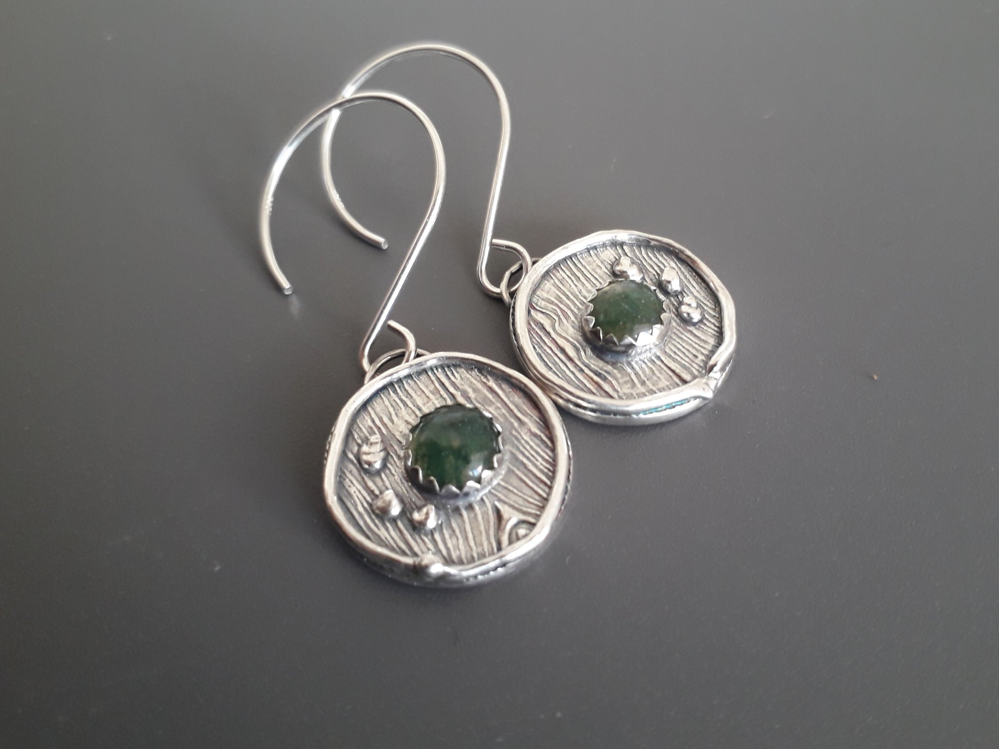 Round Moss Agate Wood Texture Earrings, Woodland - Irmy Creations