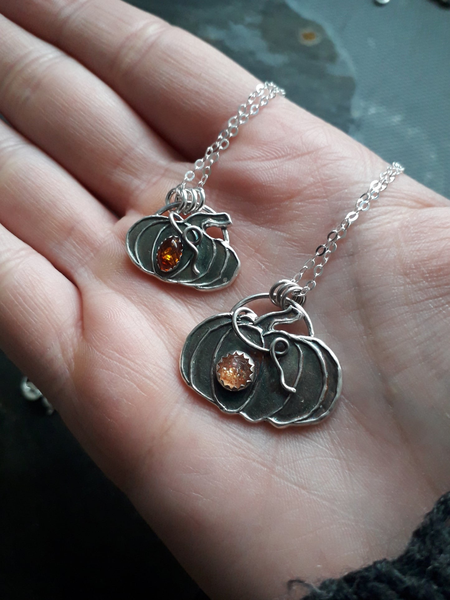 Small Pumpkin Amber Necklace Oxidized Silver - Irmy Creations