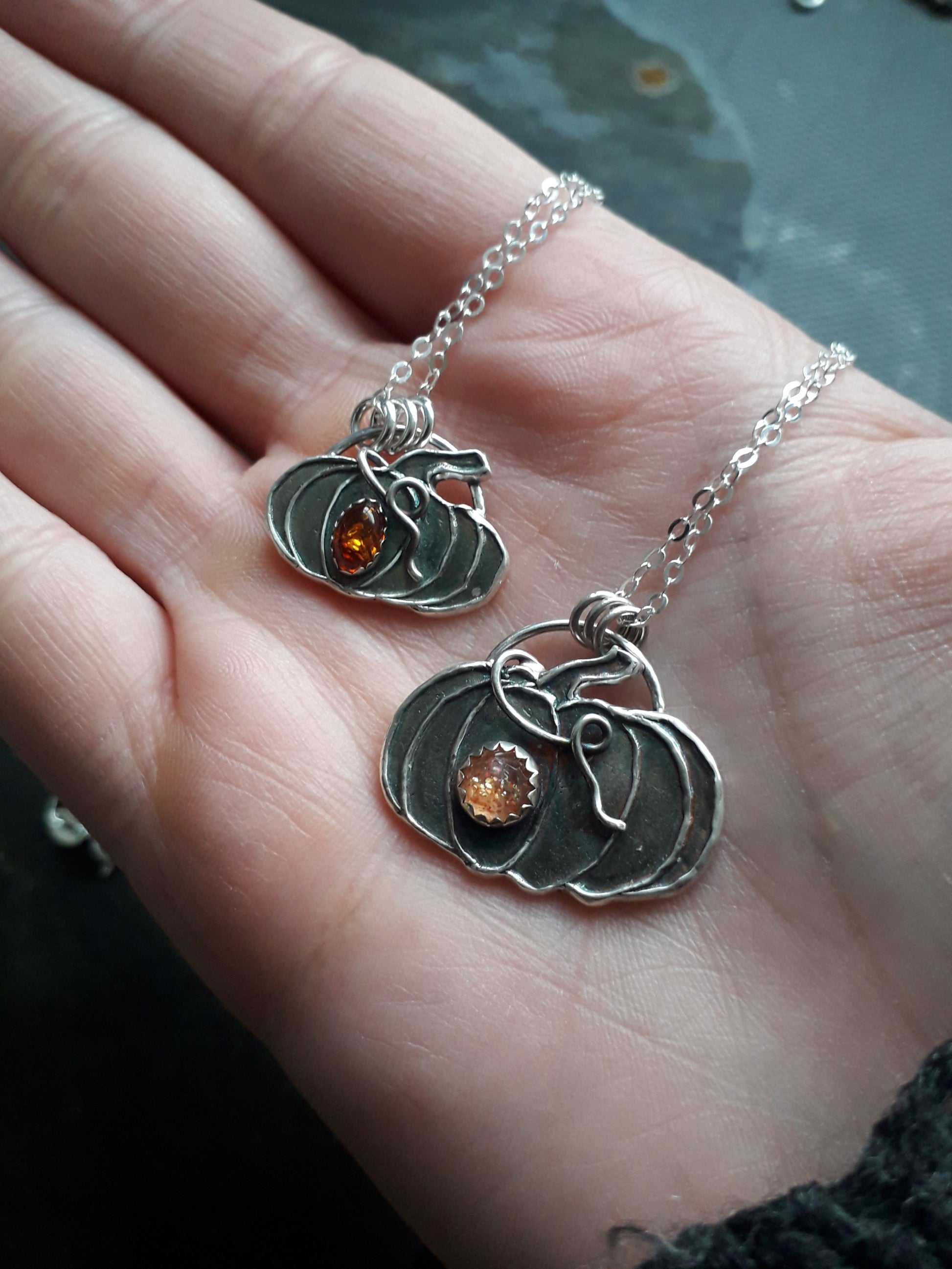 Small Pumpkin Amber Necklace Oxidized Silver - Irmy Creations