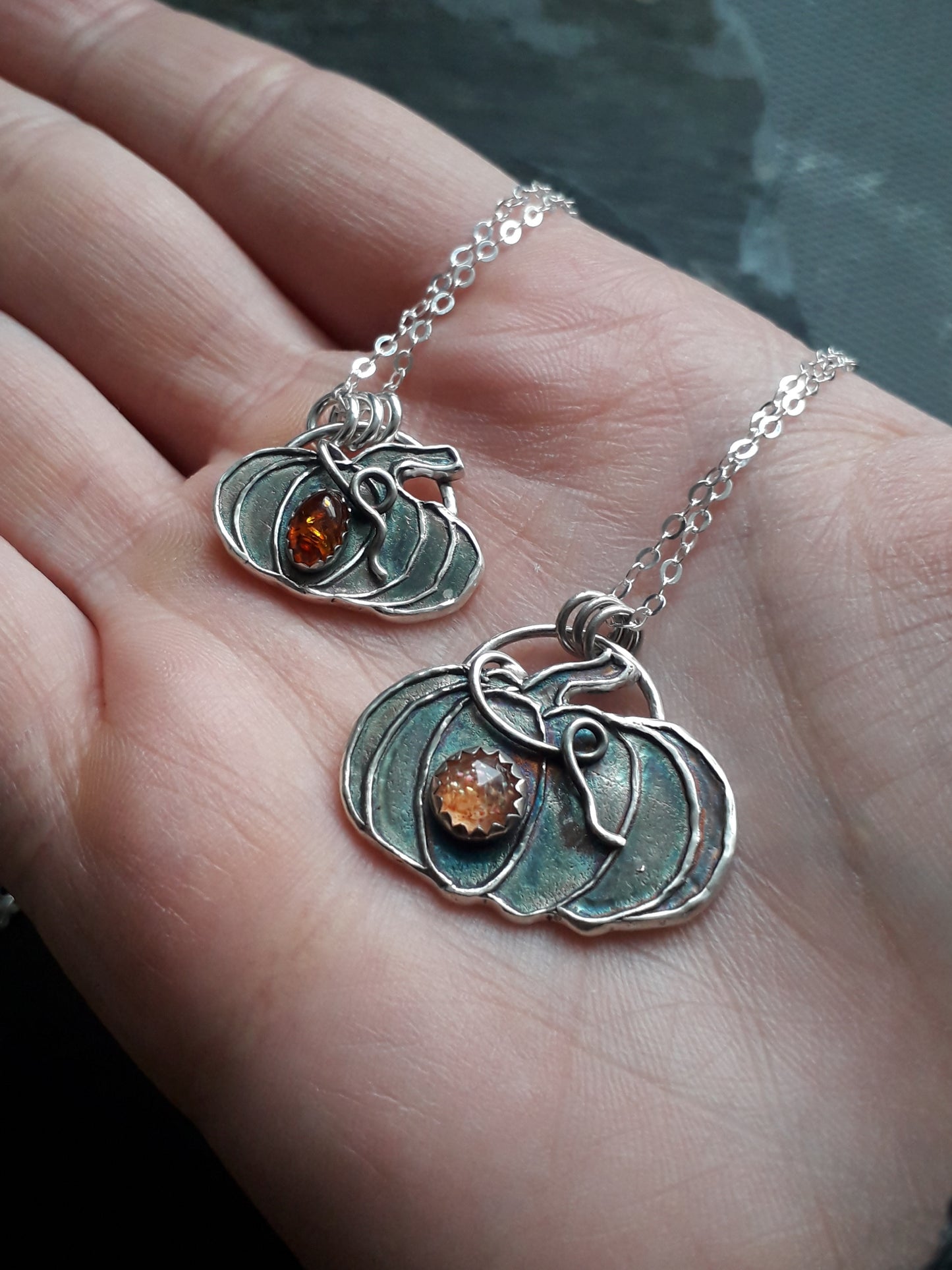 Small Pumpkin Amber Necklace Oxidized Silver - Irmy Creations