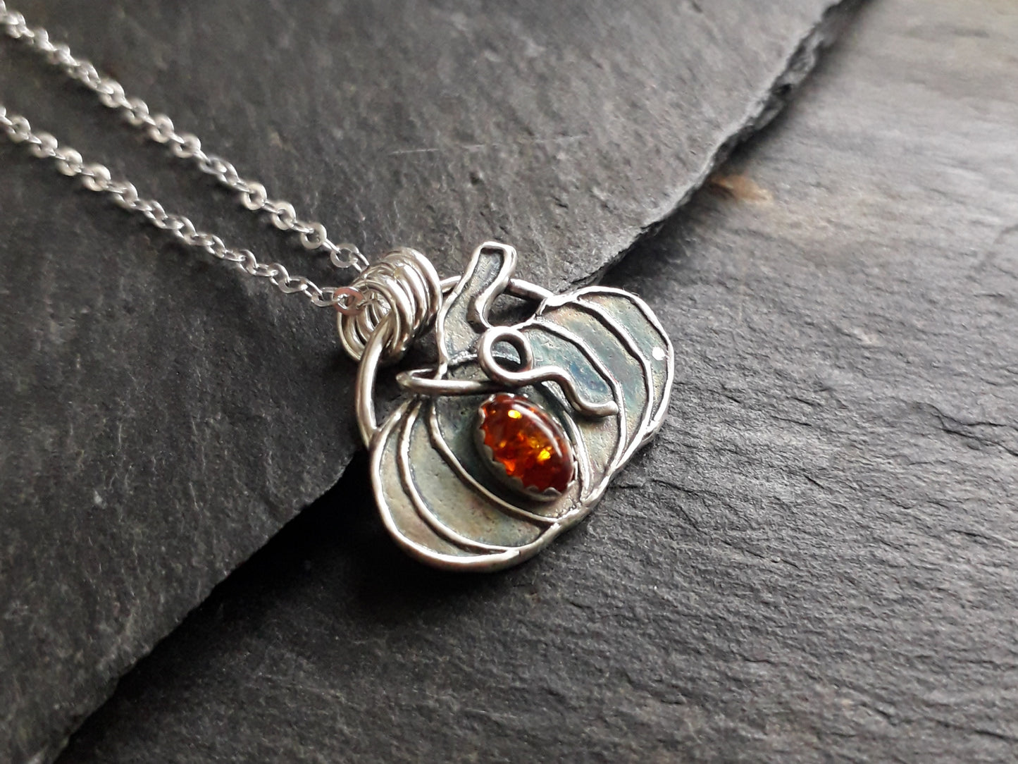 Small Pumpkin Amber Necklace Oxidized Silver - Irmy Creations