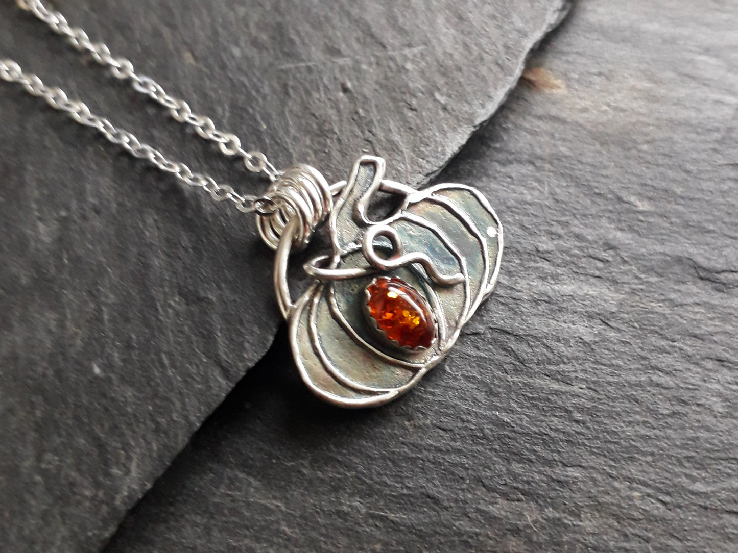 Small Pumpkin Amber Necklace Oxidized Silver - Irmy Creations