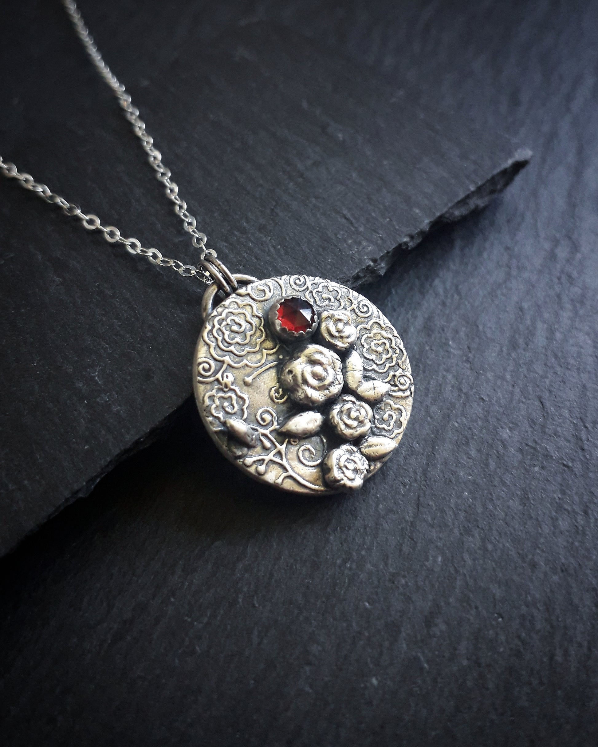 Romantic Rose Pendant with Garnet - Irmy Creations