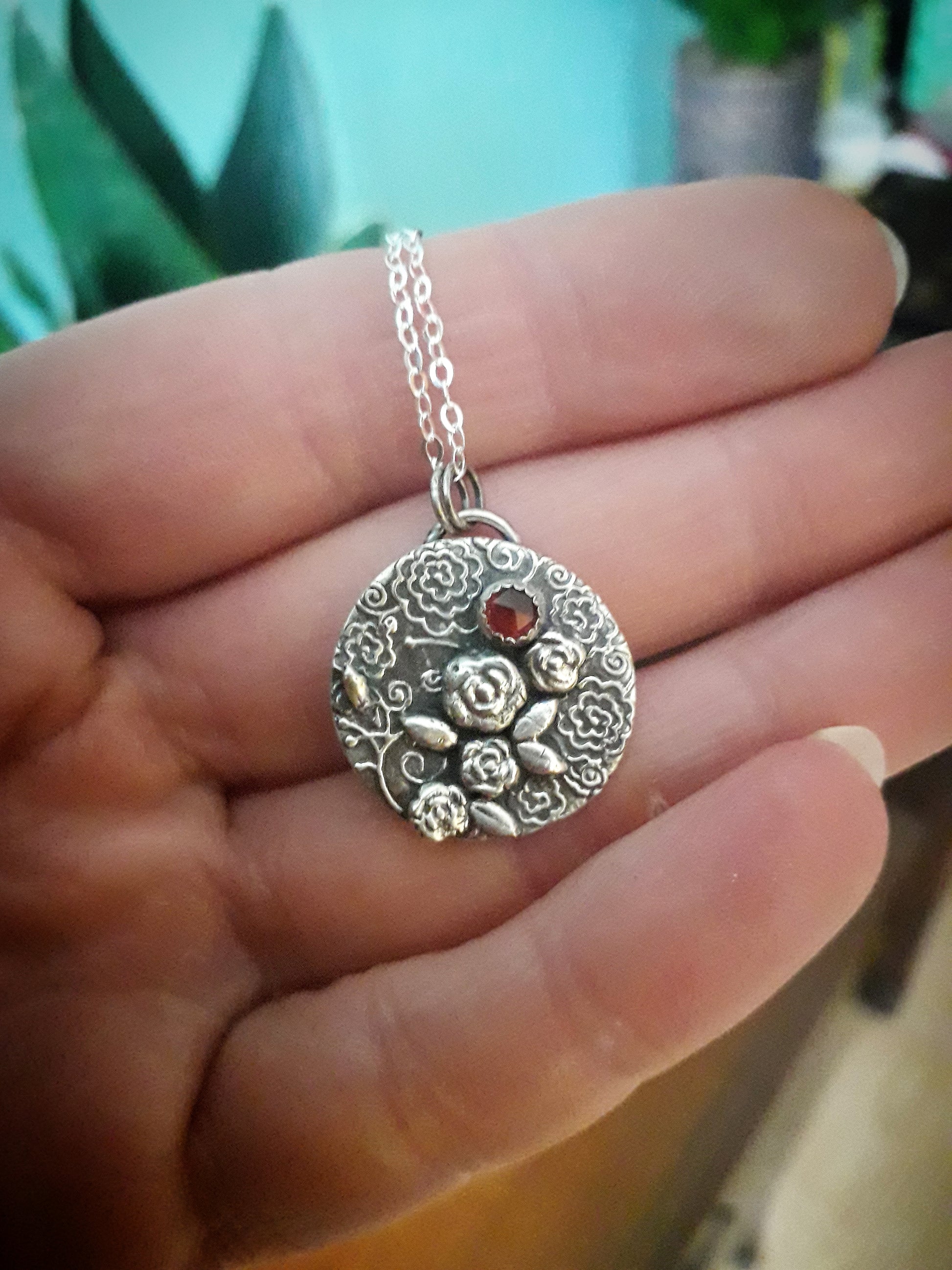 Romantic Rose Pendant with Garnet - Irmy Creations